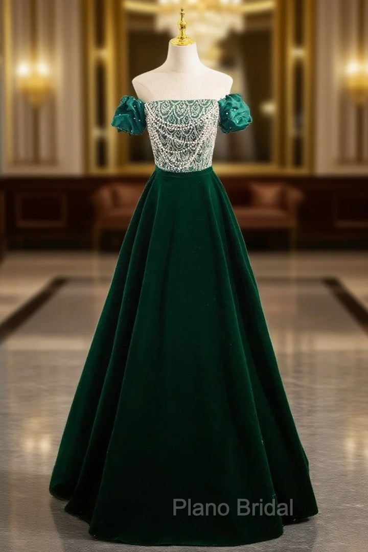 A-Line Velvet Sequin Beads Green Long Formal Prom Dresses, Green Velvet Long Formal Dresses