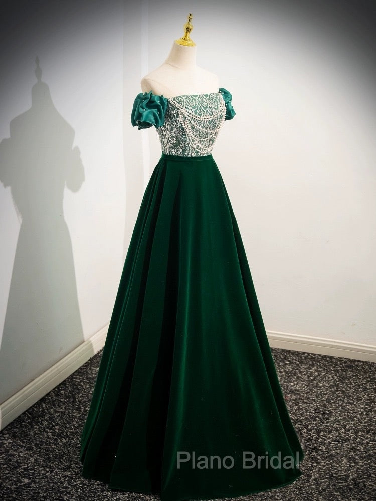 A-Line Velvet Sequin Beads Green Long Formal Prom Dresses, Velvet Green Long Formal Dresses Secondary image