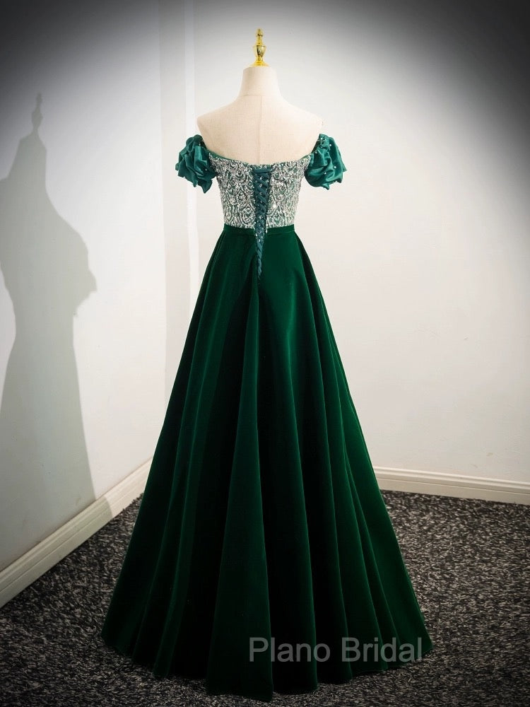 A-Line Velvet Sequin Beads Green Long Formal Prom Dresses, Velvet Green Long Formal Dresses
