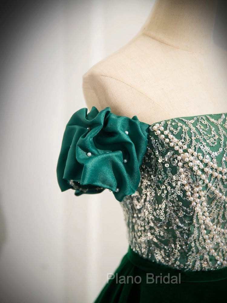 A-Line Velvet Sequin Beads Green Long Formal Prom Dresses, Velvet Green Long Formal Dresses