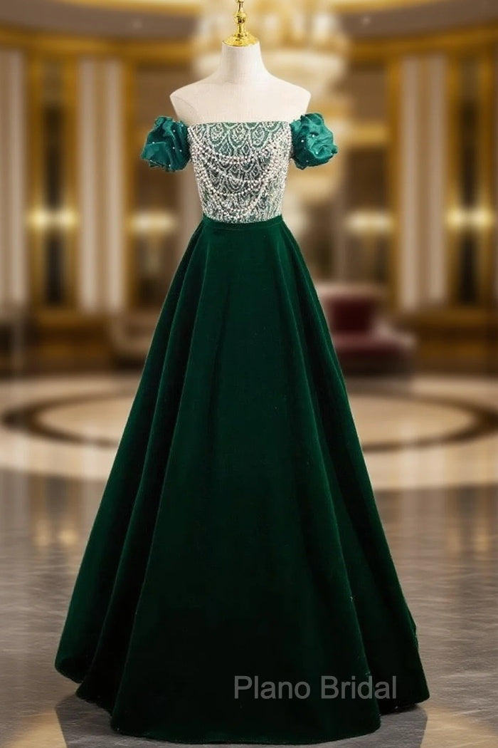 A-Line Velvet Sequin Beads Green Long Formal Prom Dresses, Velvet Green Long Formal Dresses