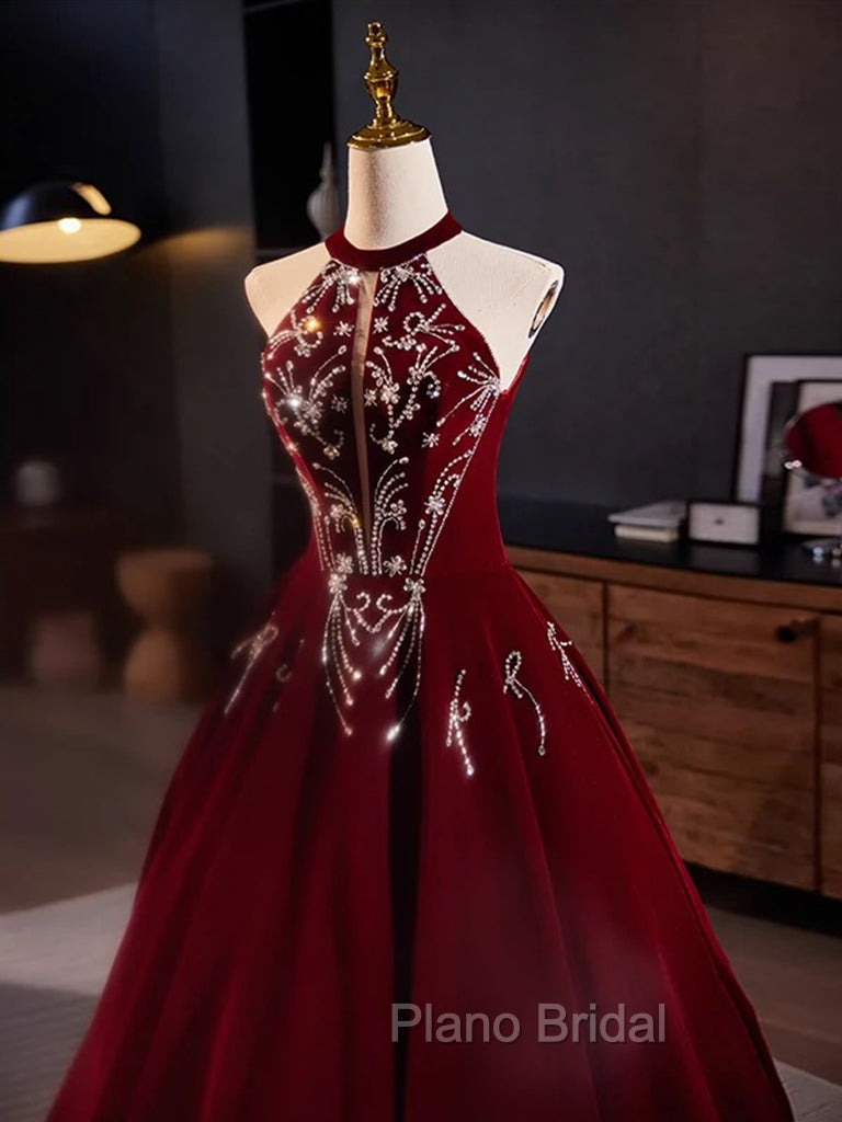 A-Line Velvet Sequin Burgundy Long Formal Prom Dresses Long Formal Dresses December Wedding Guest Dresses