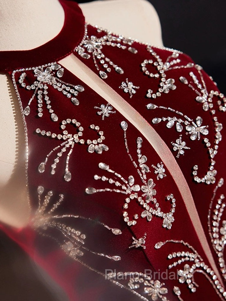 A-Line Velvet Sequin Burgundy Long Formal Prom Dresses Long Formal Dresses December Wedding Guest Dresses