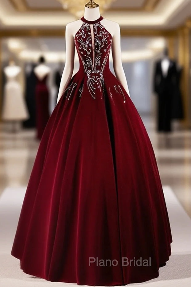 A-Line Velvet Sequin Burgundy Long Formal Prom Dresses Long Formal Dresses December Wedding Guest Dresses Main image