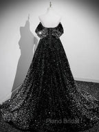 A-Line Velvet Sequin Long Black Formal Prom Dresses, Black Long Evening Dresses