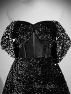 A-Line Velvet Sequin Long Black Formal Prom Dresses, Black Long Evening Dresses