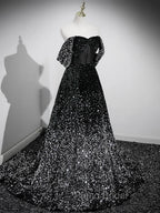 A-Line Velvet Sequin Long Black Formal Prom Dresses, Black Long Evening Dresses
