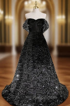 A-Line Velvet Sequin Long Black Formal Prom Dresses, Black Long Evening Dresses