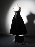 A-Line Velvet Tea Length Burgundy Formal Prom Dresses, Burgundy Cocktail Dresses