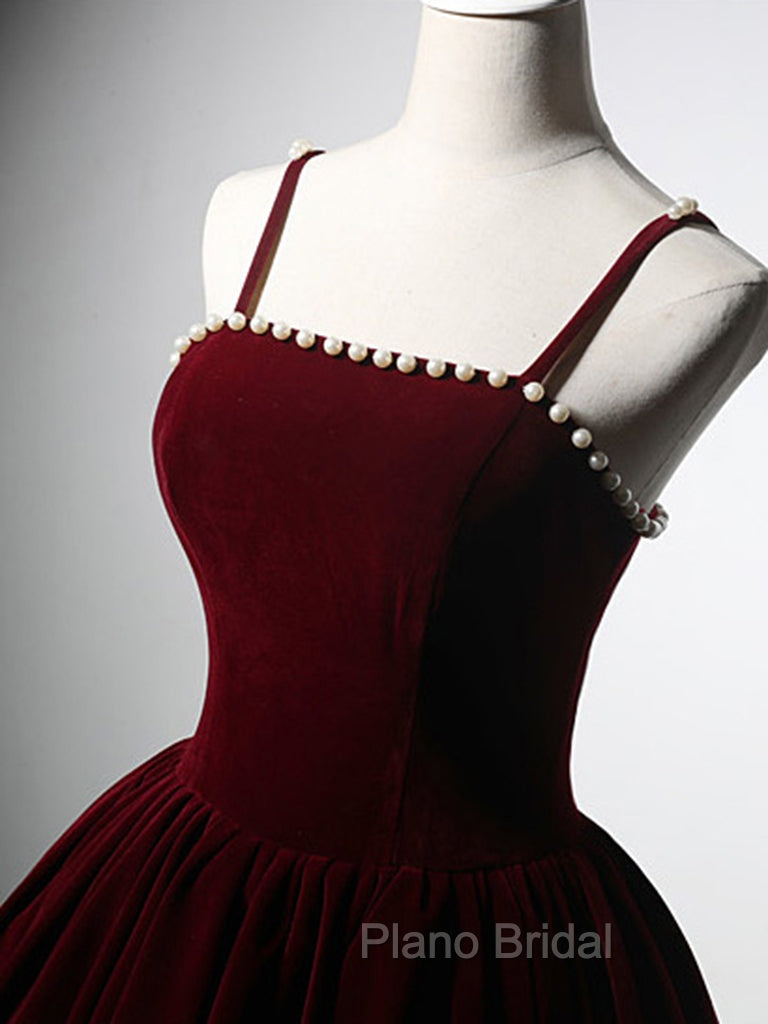 A-Line Velvet Tea Length Burgundy Formal Prom Dresses, Burgundy Cocktail Dresses