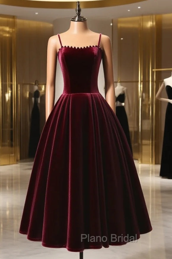 A-Line Velvet Tea Length Burgundy Formal Prom Dresses, Burgundy Cocktail Dresses Main image