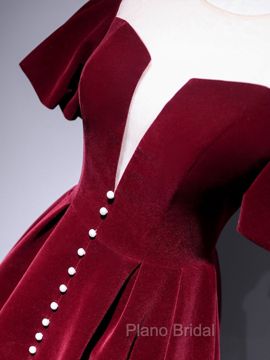 A line Velvet Tea Length Formal Prom Dresses, Burgundy Velvet Bridesmaid Dresses