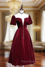 A line Velvet Tea Length Formal Prom Dresses, Burgundy Velvet Bridesmaid Dresses