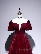 A line Velvet Tea Length Formal Prom Dresses, Burgundy Velvet Bridesmaid Dresses