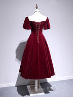 A line Velvet Tea Length Formal Prom Dresses, Burgundy Velvet Bridesmaid Dresses