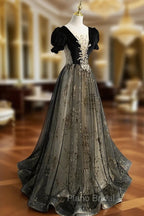 A line Velvet Tulle Lace Black Long Formal Prom Dresses, Black Formal Graduation Dresses