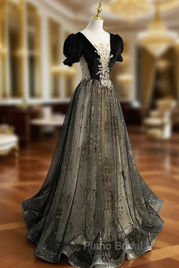 A line Velvet Tulle Lace Black Long Formal Prom Dresses, Black Formal Graduation Dresses