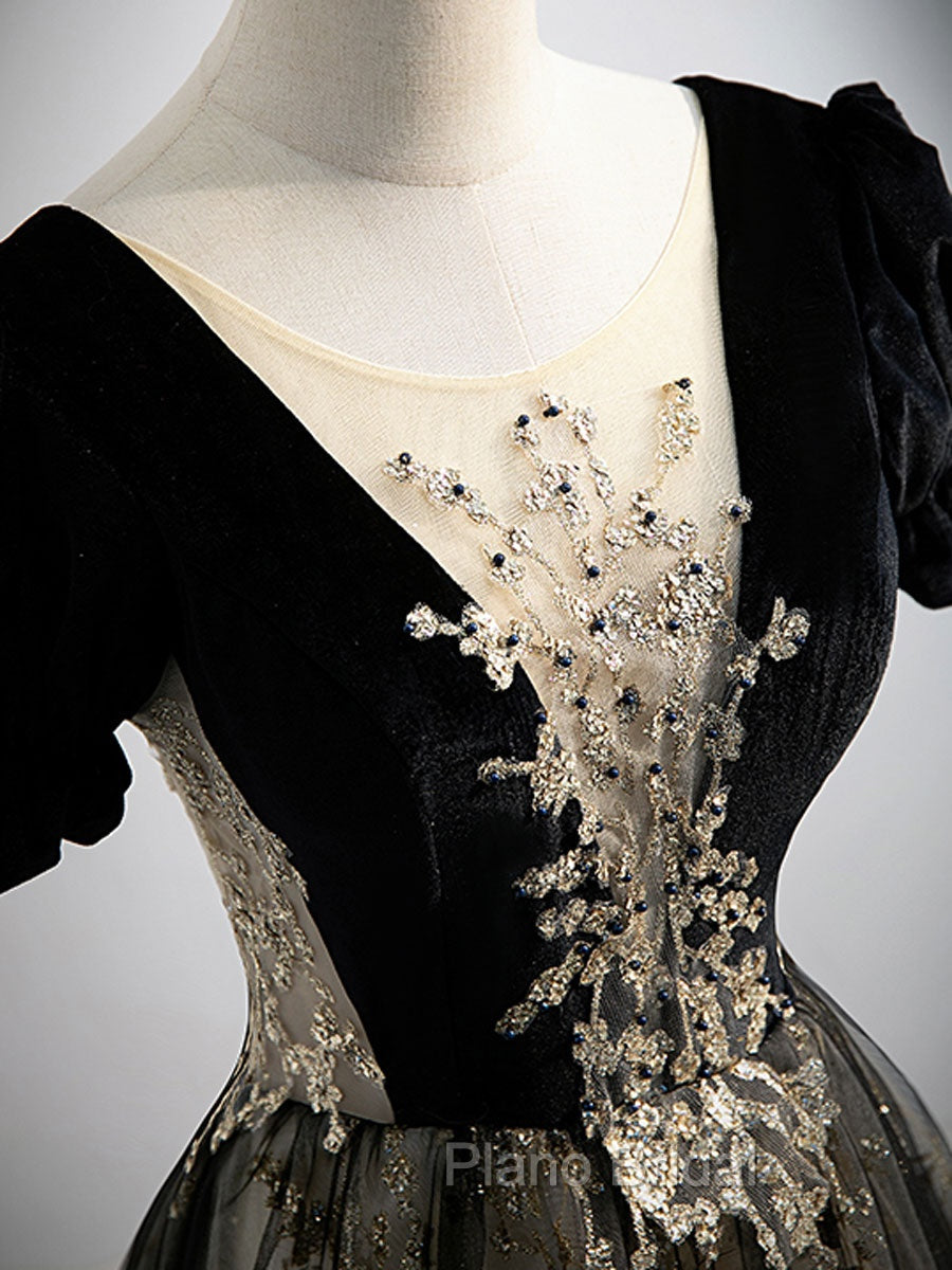 A line Velvet Tulle Lace Black Long Formal Prom Dresses, Black Formal Graduation Dresses