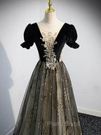 A line Velvet Tulle Lace Black Long Formal Prom Dresses, Black Formal Graduation Dresses