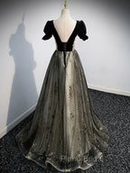 A line Velvet Tulle Lace Black Long Formal Prom Dresses, Black Formal Graduation Dresses