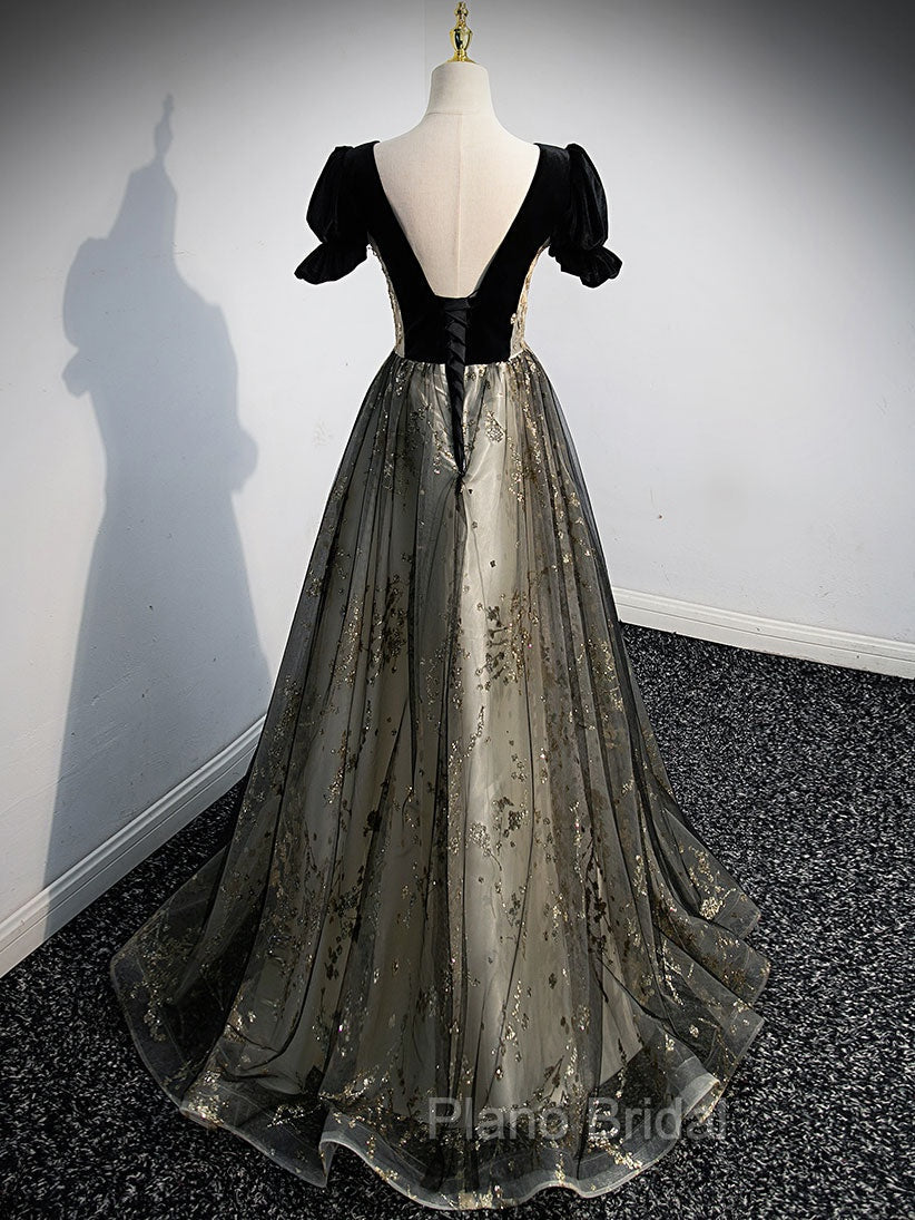 A line Velvet Tulle Lace Black Long Formal Prom Dresses, Black Formal Graduation Dresses