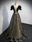 A line Velvet Tulle Lace Black Long Formal Prom Dresses, Black Formal Graduation Dresses