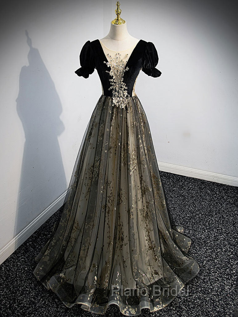 A line Velvet Tulle Lace Black Long Formal Prom Dresses, Black Formal Graduation Dresses Secondary image
