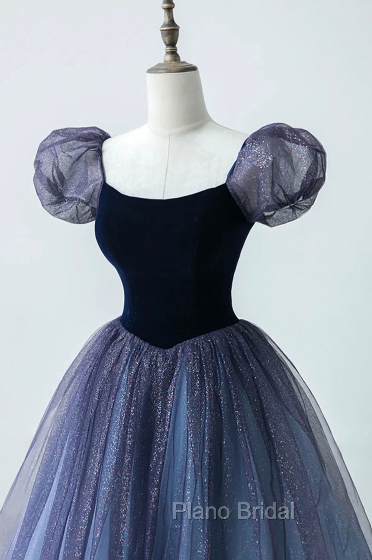 A-Line Velvet Tulle Long Formal Prom Dresses, Cute Short Sleeve Evening Party Dresses Secondary image