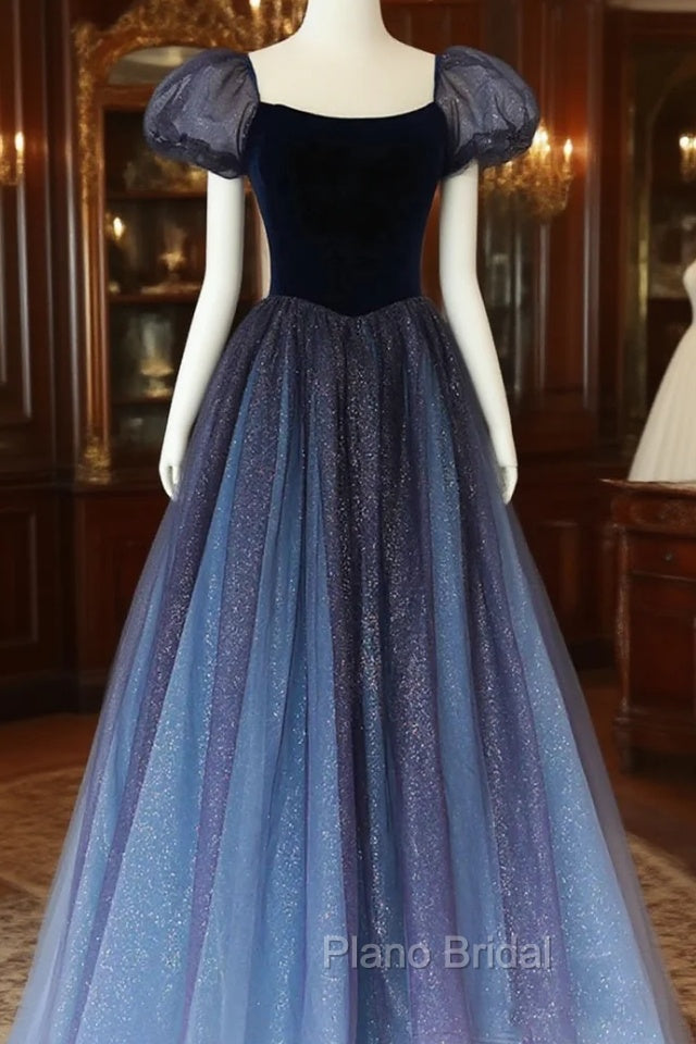 A-Line Velvet Tulle Long Formal Prom Dresses, Cute Short Sleeve Evening Party Dresses
