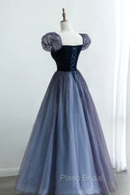 A-Line Velvet Tulle Long Formal Prom Dresses, Cute Short Sleeve Evening Party Dresses