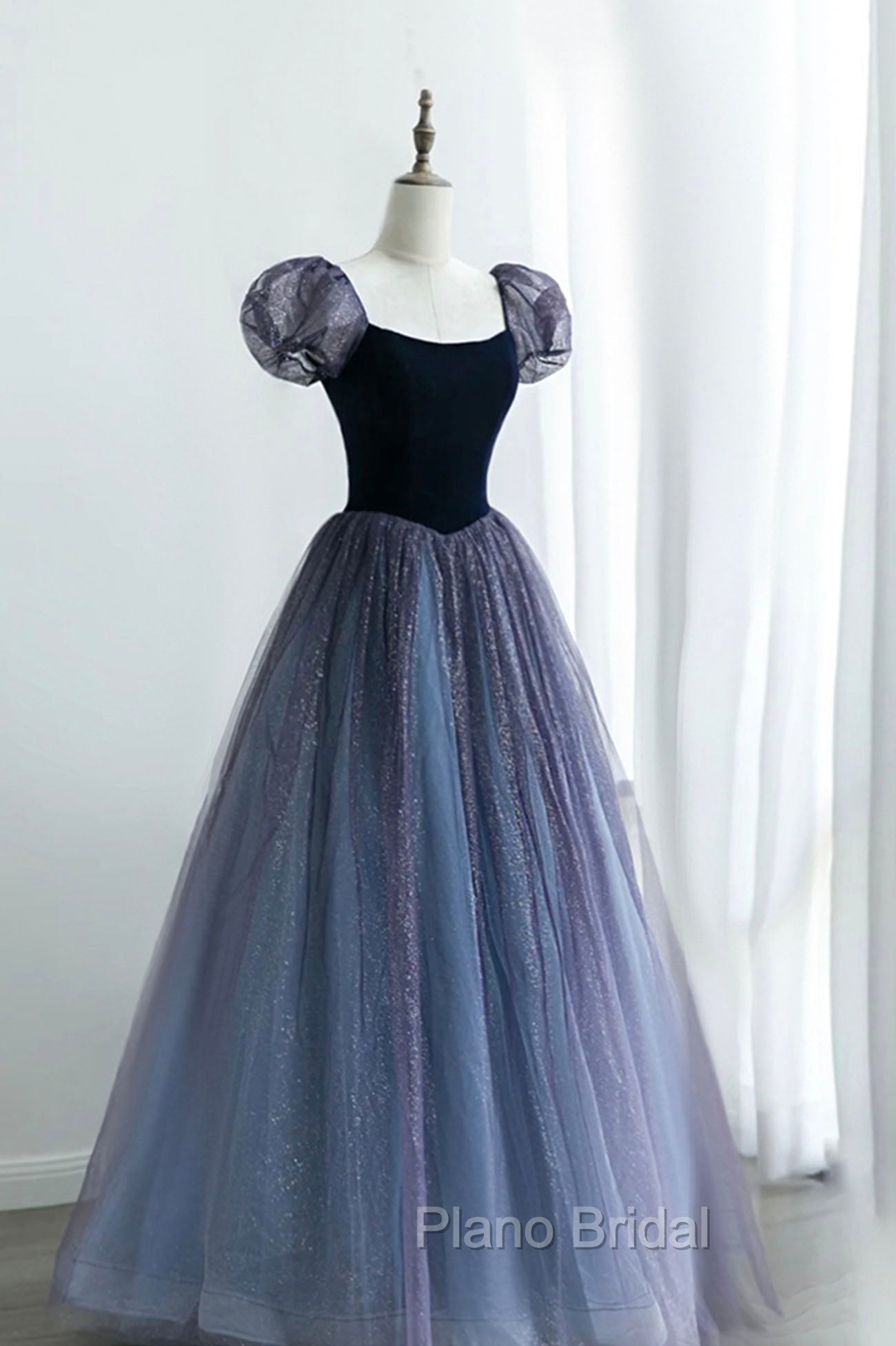 A-Line Velvet Tulle Long Formal Prom Dresses, Cute Short Sleeve Evening Party Dresses
