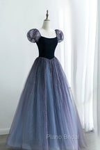 A-Line Velvet Tulle Long Formal Prom Dresses, Cute Short Sleeve Evening Party Dresses