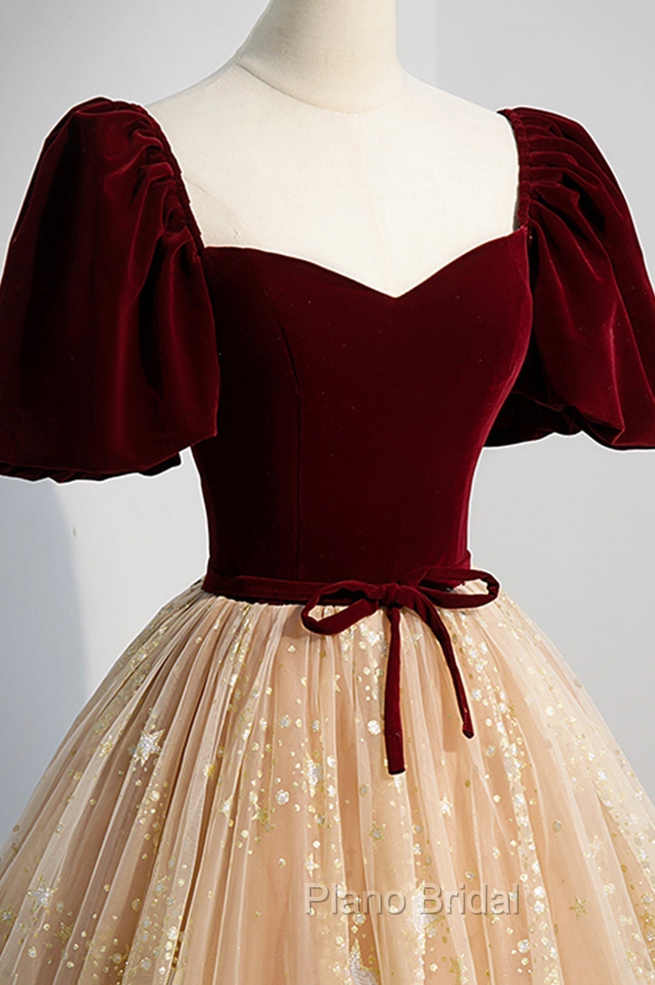 A-Line Velvet Tulle Long Formal Prom Dresses, Lovely Short Sleeve Graduation Dresses