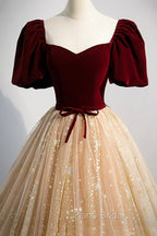 A-Line Velvet Tulle Long Formal Prom Dresses, Lovely Short Sleeve Graduation Dresses