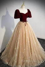 A-Line Velvet Tulle Long Formal Prom Dresses, Lovely Short Sleeve Graduation Dresses