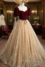 A-Line Velvet Tulle Long Formal Prom Dresses, Lovely Short Sleeve Graduation Dresses