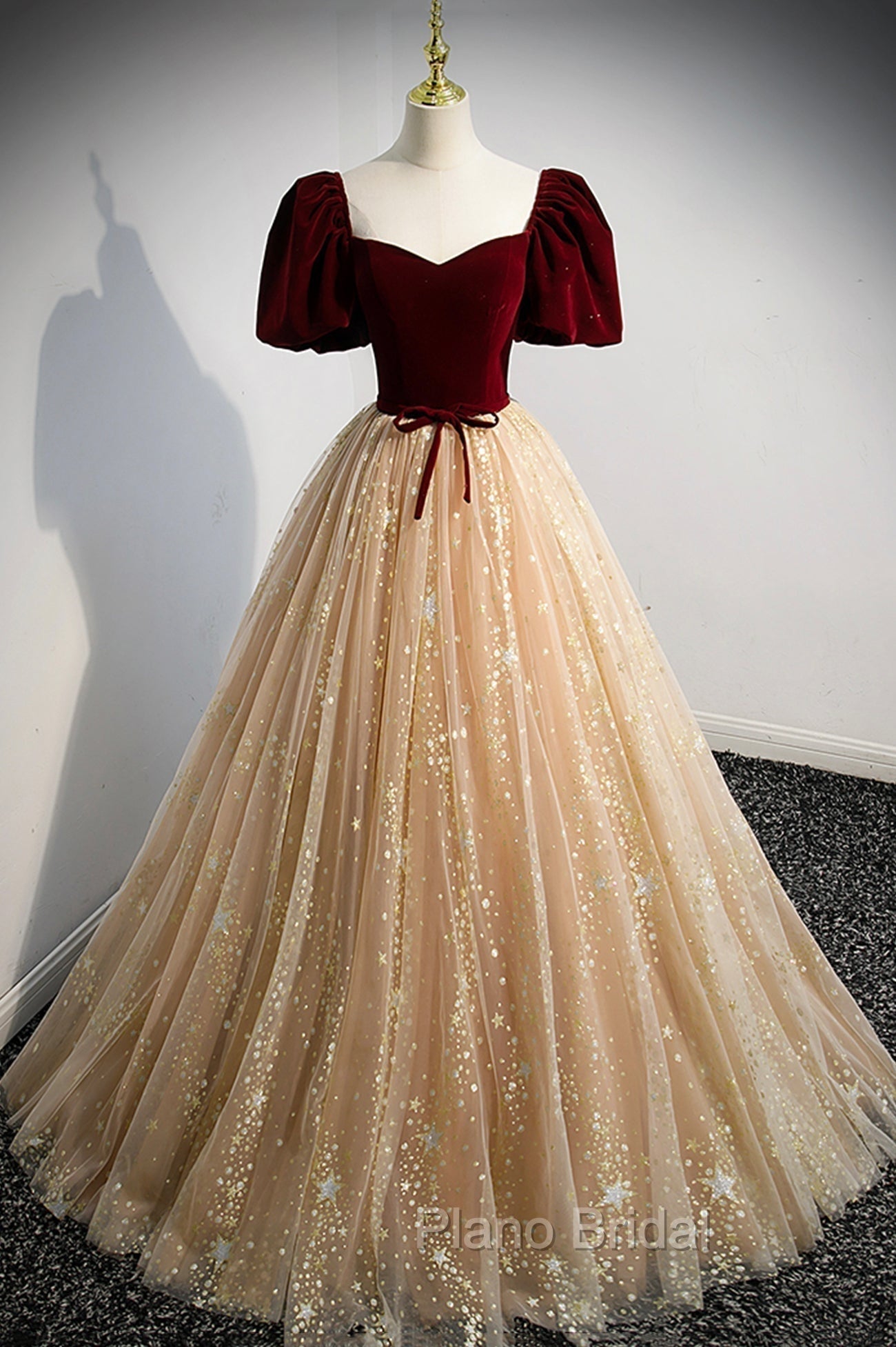 A-Line Velvet Tulle Long Formal Prom Dresses, Lovely Short Sleeve Graduation Dresses Main image