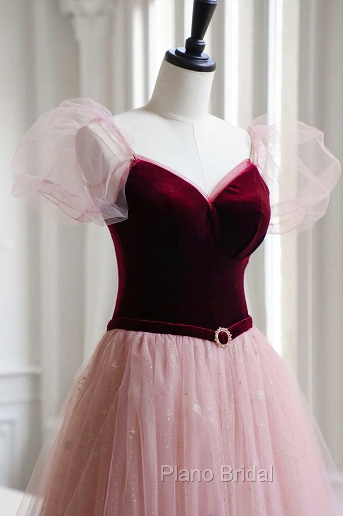 A-Line Velvet Tulle Long Formal Prom Dresses, Pink Short Sleeve Formal Evening Dresses