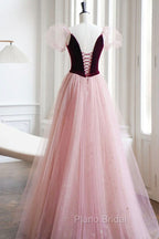 A-Line Velvet Tulle Long Formal Prom Dresses, Pink Short Sleeve Formal Evening Dresses