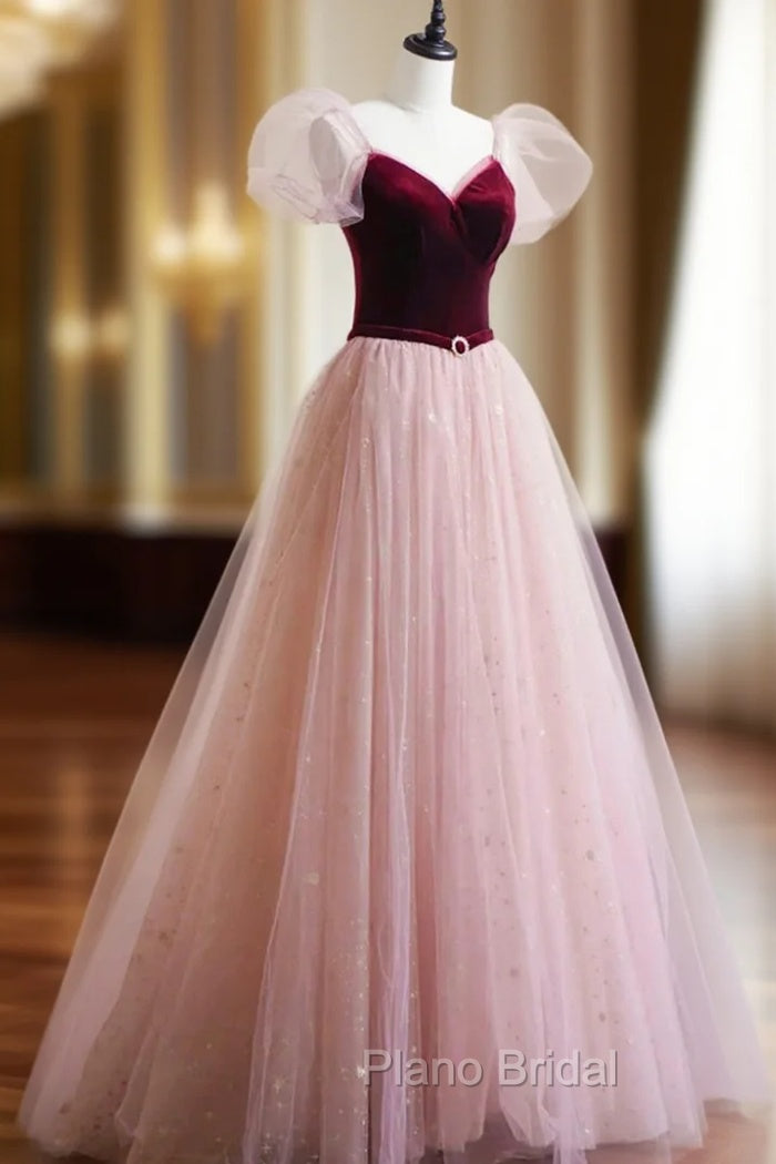 A-Line Velvet Tulle Long Formal Prom Dresses, Pink Short Sleeve Formal Evening Dresses