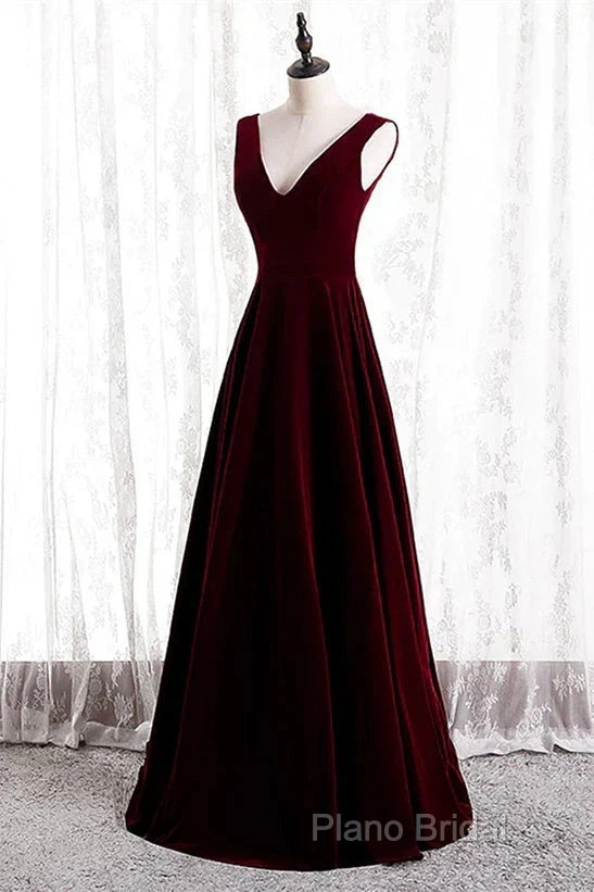 A-Line Velvet V-Neckline Sleeveless Long Party Dresses Formal Prom Dresses Bridesmaid Dresses