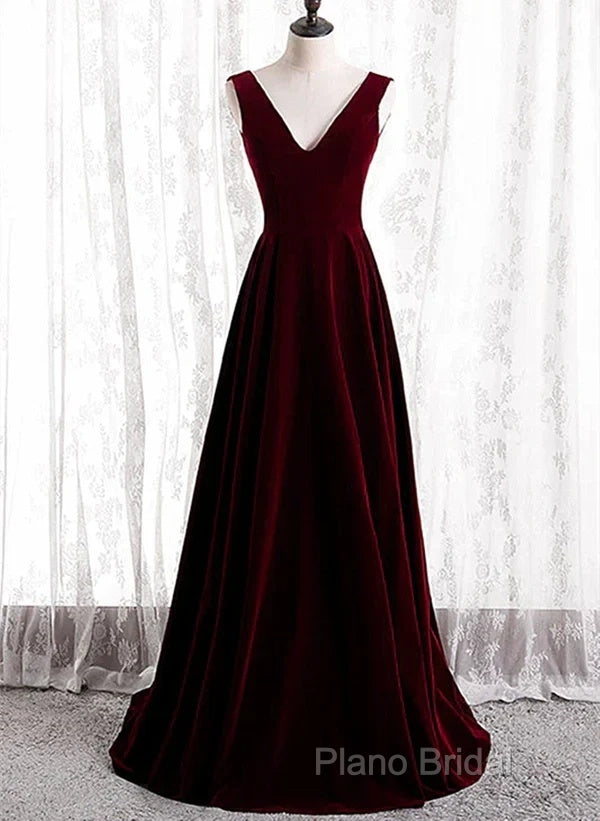 A-Line Velvet V-Neckline Sleeveless Long Party Dresses Formal Prom Dresses Bridesmaid Dresses