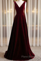 A-Line Velvet V-Neckline Sleeveless Long Party Dresses Formal Prom Dresses Bridesmaid Dresses