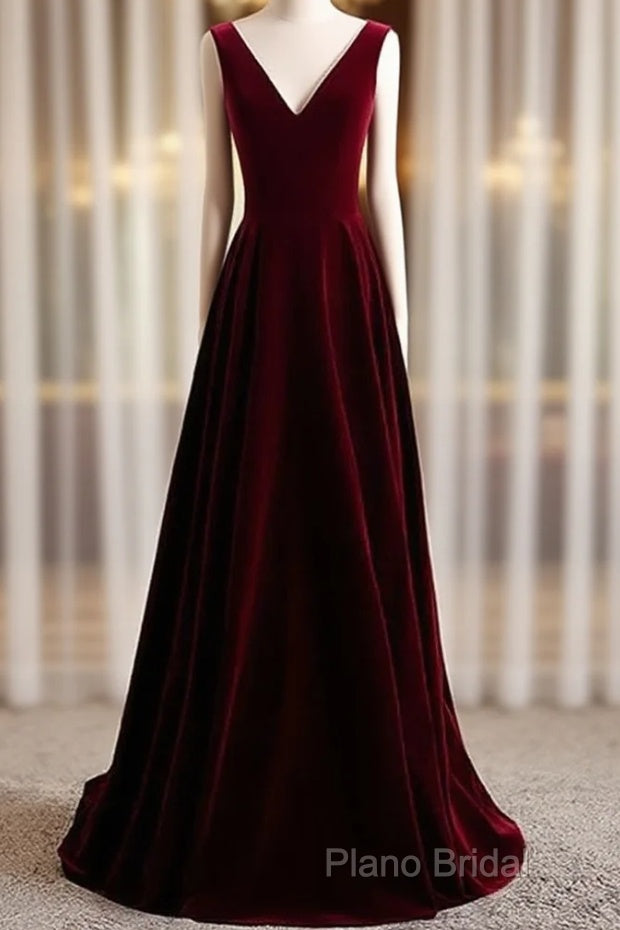 A-Line Velvet V-Neckline Sleeveless Long Party Dresses Formal Prom Dresses Bridesmaid Dresses