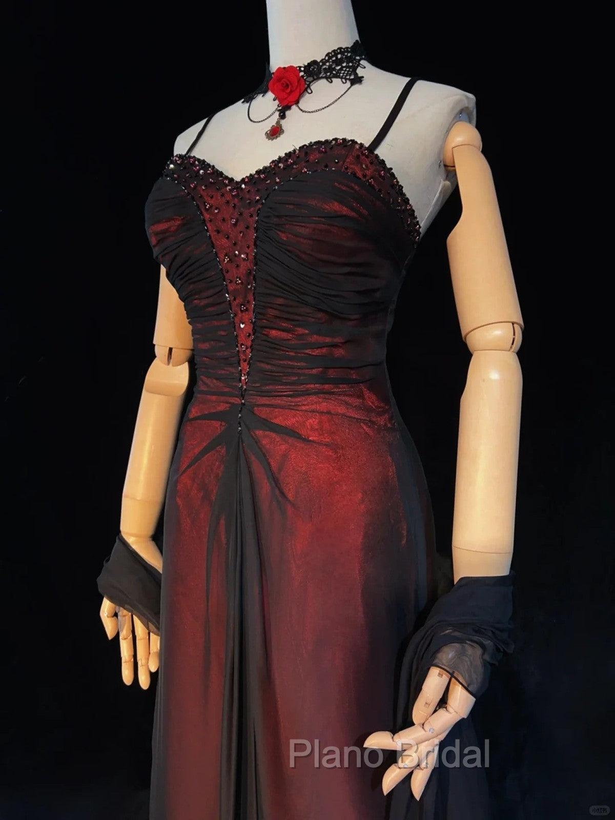 A-line Vintage Style Black and Red Beaded Formal Prom Dresses, Black and Red Formal Dresses Secondary image