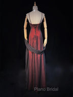 A-line Vintage Style Black and Red Beaded Formal Prom Dresses, Black and Red Formal Dresses