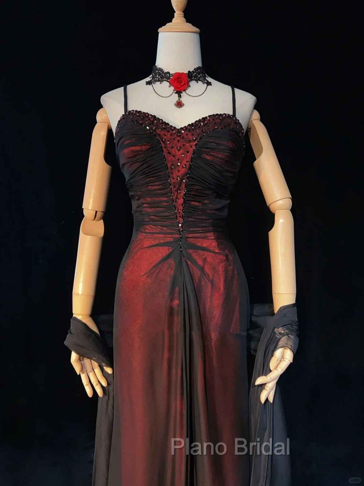 A-line Vintage Style Black and Red Beaded Formal Prom Dresses, Black and Red Formal Dresses