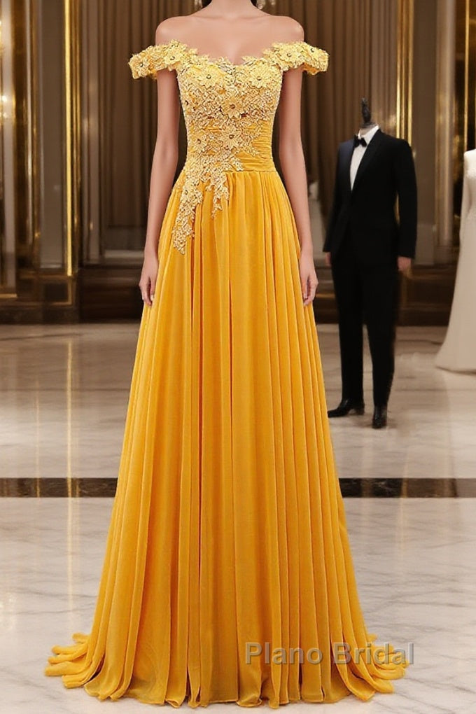 A-Line Wedding Guest Dresses Floral Dresses Formal Prom Wedding Party Sweep / Brush Train Sleeveless Off Shoulder Chiffon With Appliques Main image