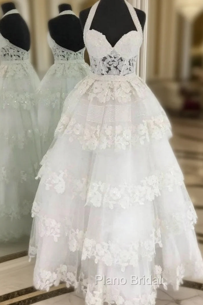 A-Line White Halter Neck Sleeveless With Layers Formal Prom Dresses Main image