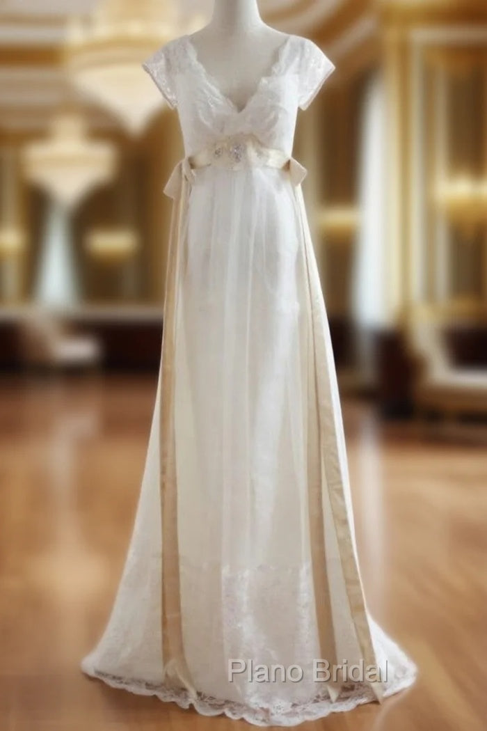 A-Line White Lace Deep V-neck Backless High Waist Wedding Dresses